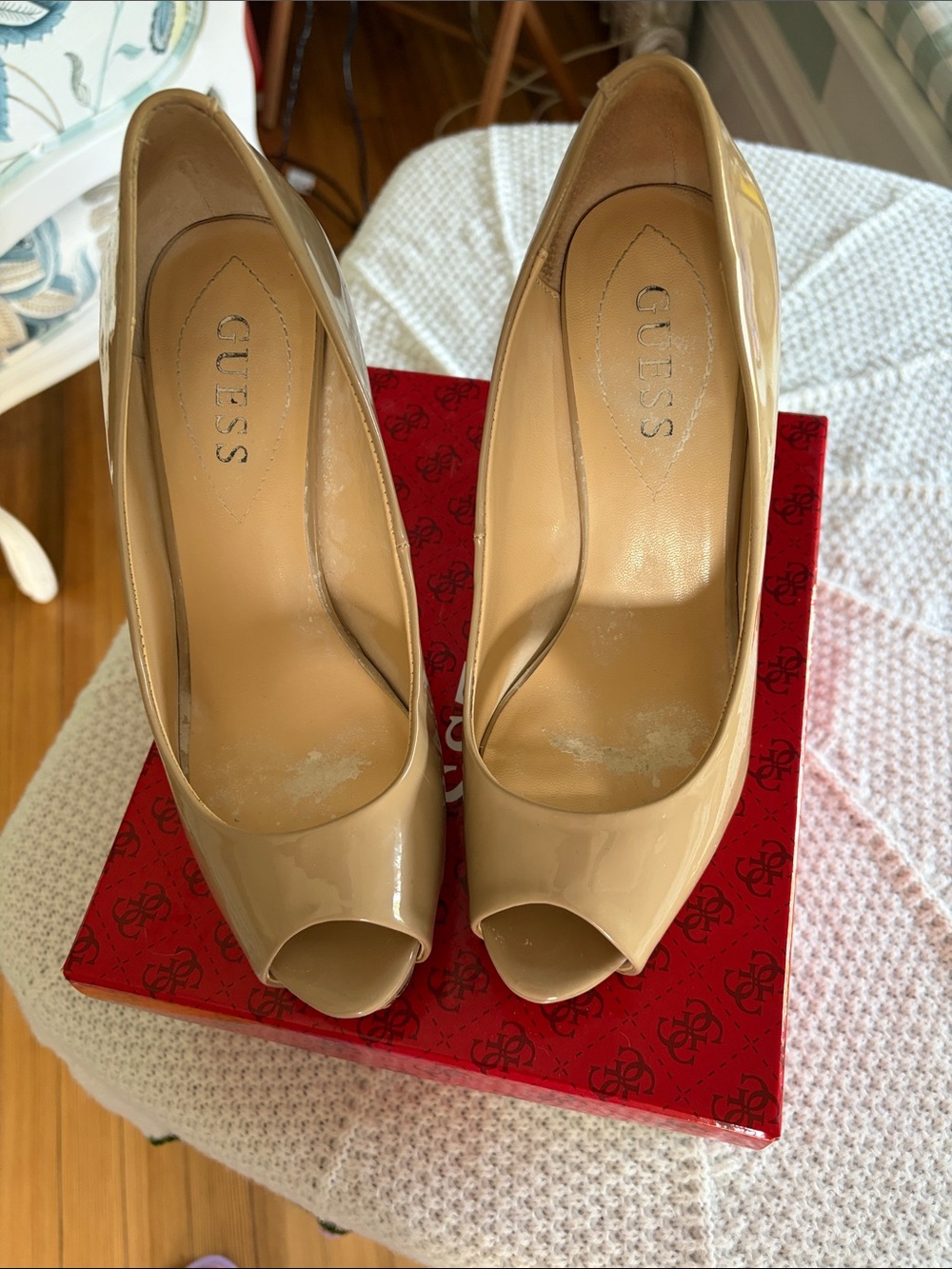 GUESS Nude Patent Peep-Toe Heels